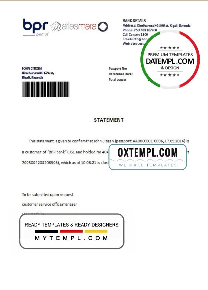 Rwanda BPR Atlasmara bank account closure reference letter example in Word and PDF format