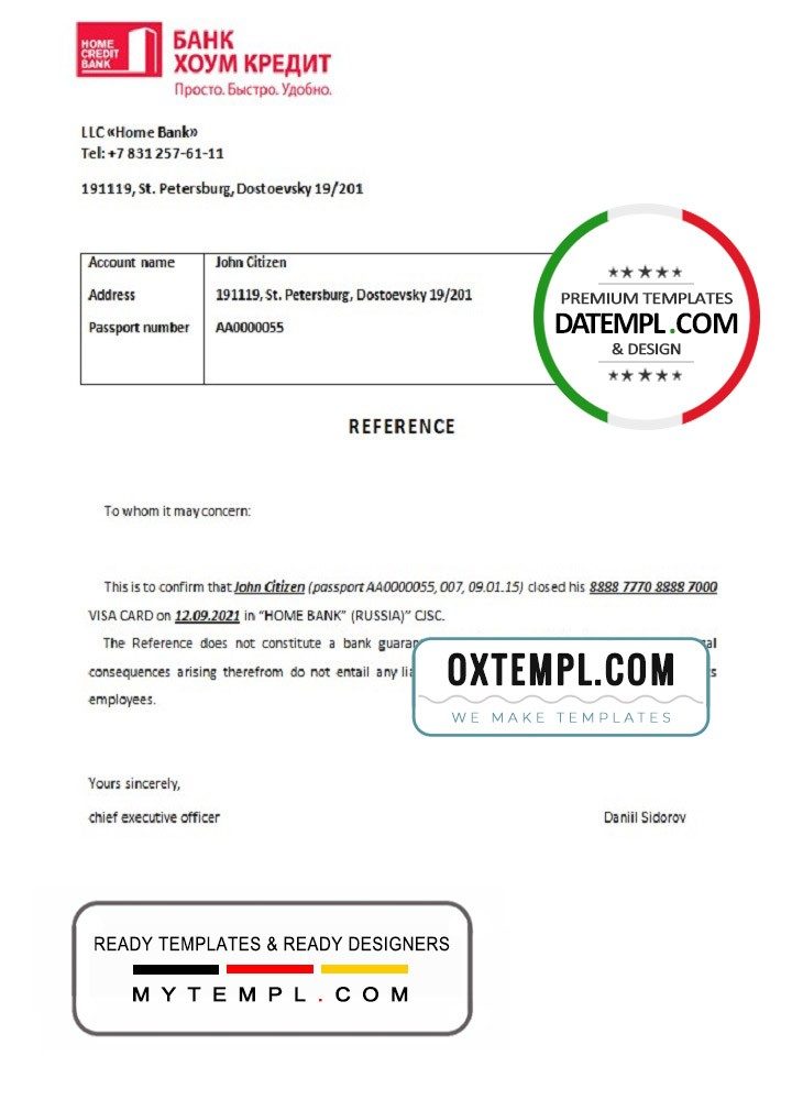 Russian Bank Home Credit bank account closure reference letter example in Word and PDF format