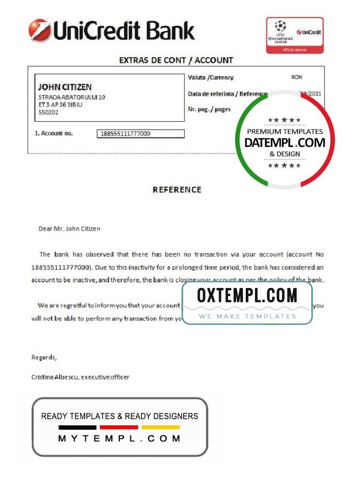 Romanian UniCredit Bank bank account closure reference letter example in Word and PDF format