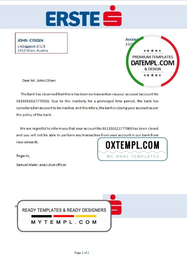 Austrian Erste bank account closure reference letter example in Word and PDF format