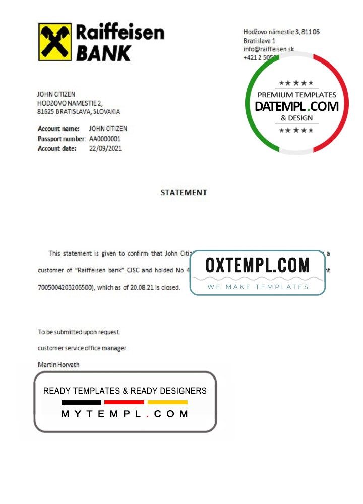 Slovak Raiffeisen bank account closure reference letter example in Word and PDF format