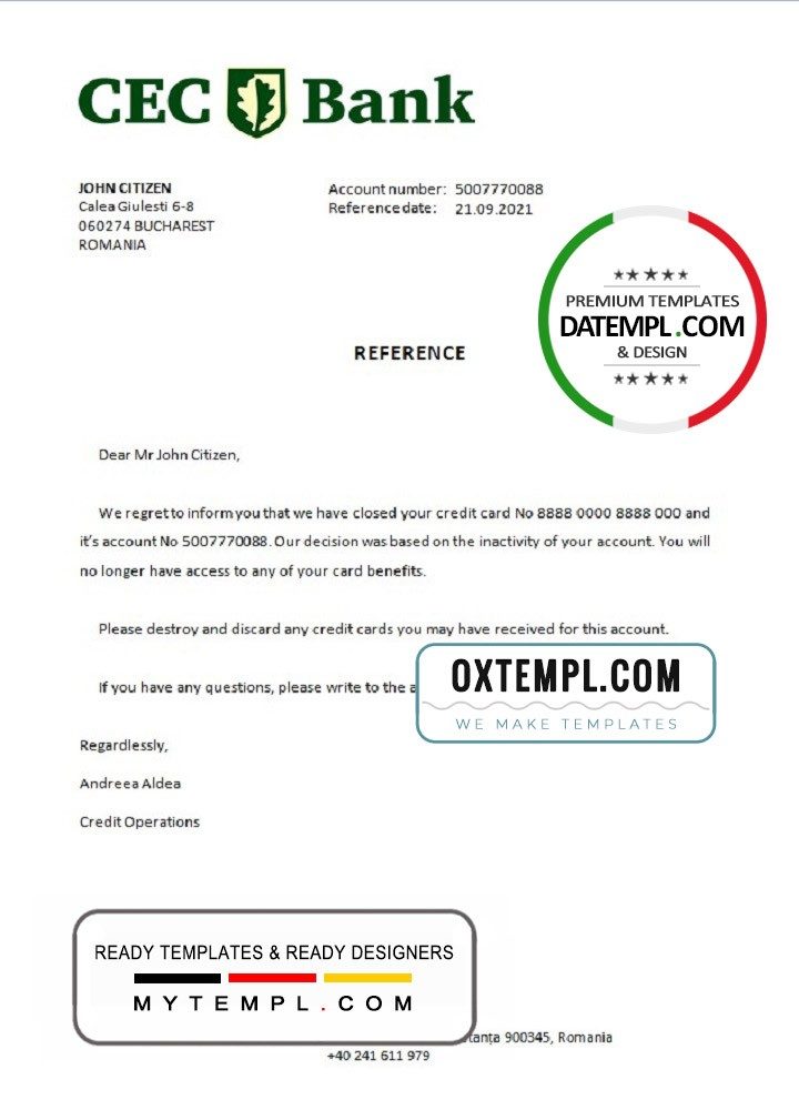 Romanian CEC Bank bank account closure reference letter example in Word and PDF format