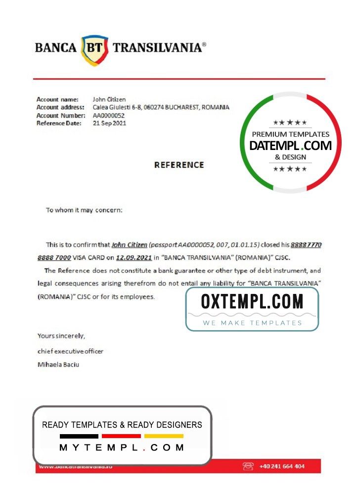 Romanian Banca Transilvania bank account closure reference letter example in Word and PDF format