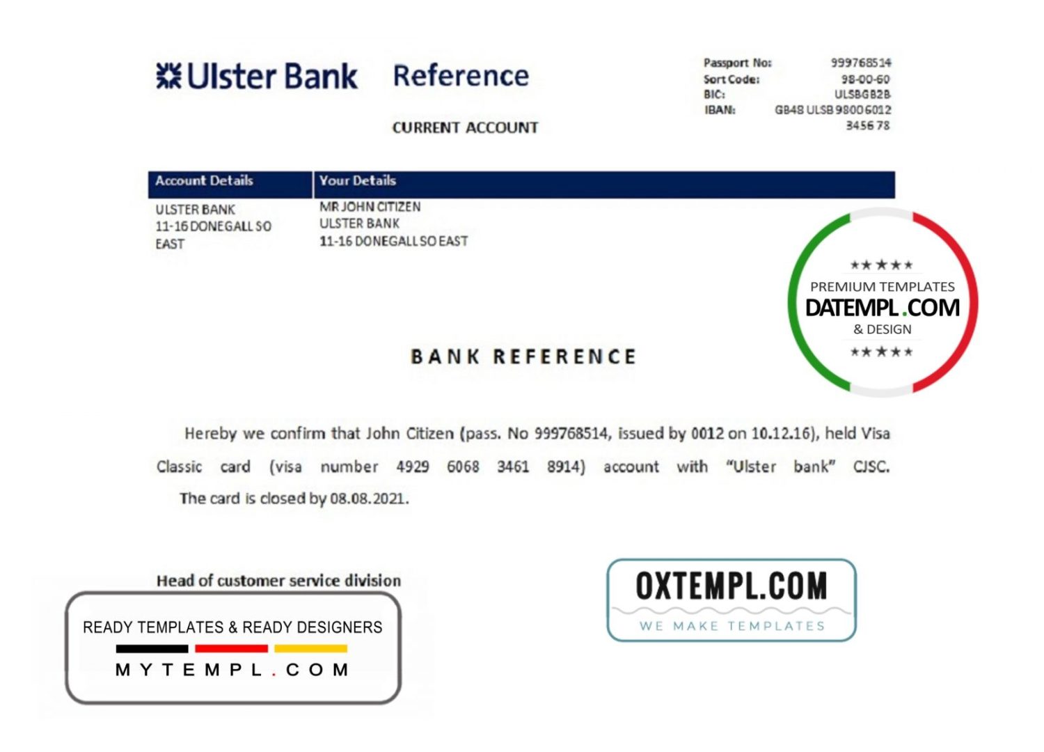 Irish Ulster Bank bank account closure reference letter example in Word and PDF format