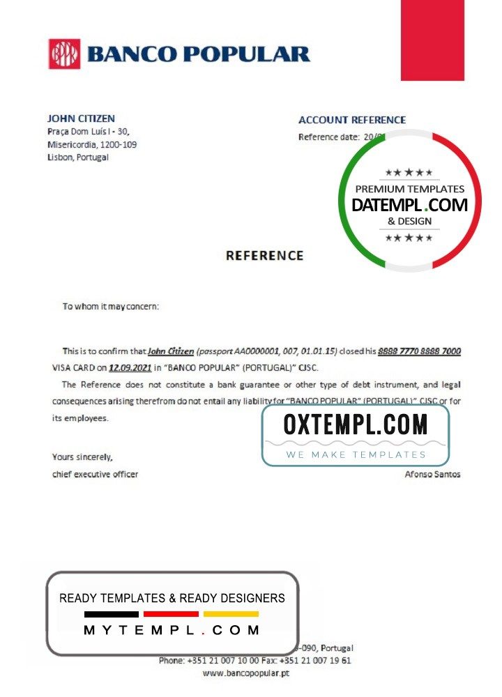 Portuguese Banco Popular bank account closure reference letter example in Word and PDF format