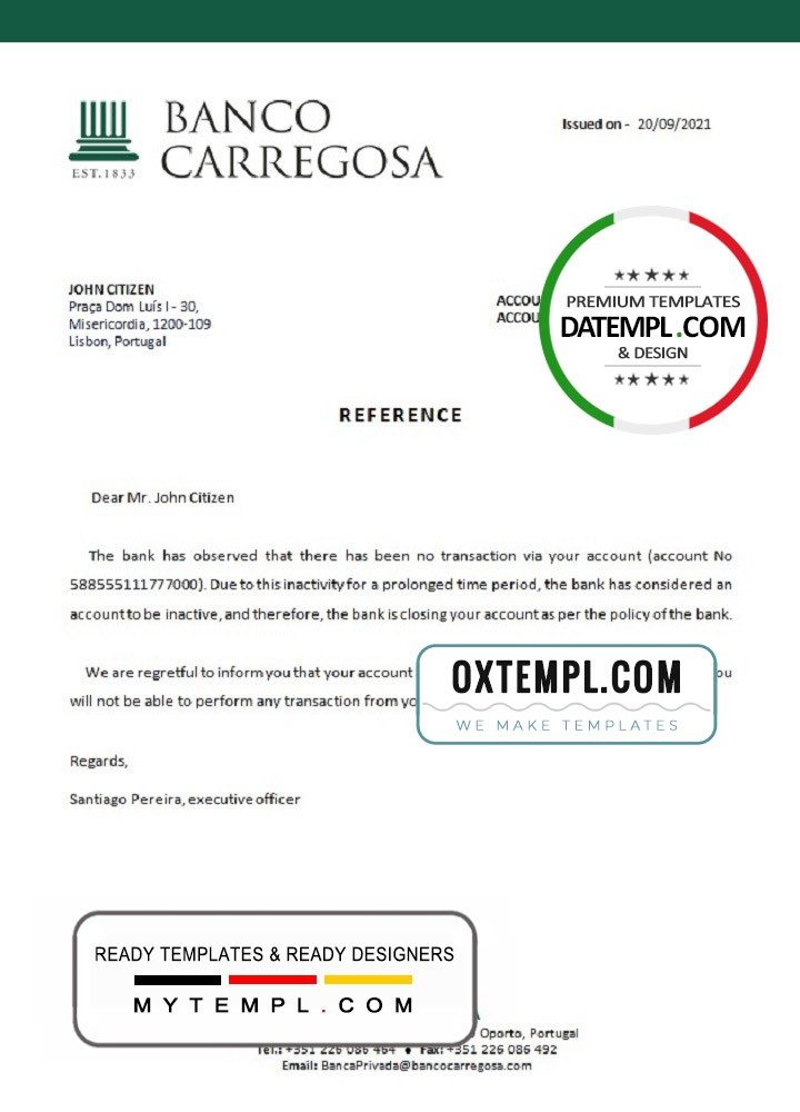 Portuguese Banco Carregosa bank account closure reference letter example in Word and PDF format