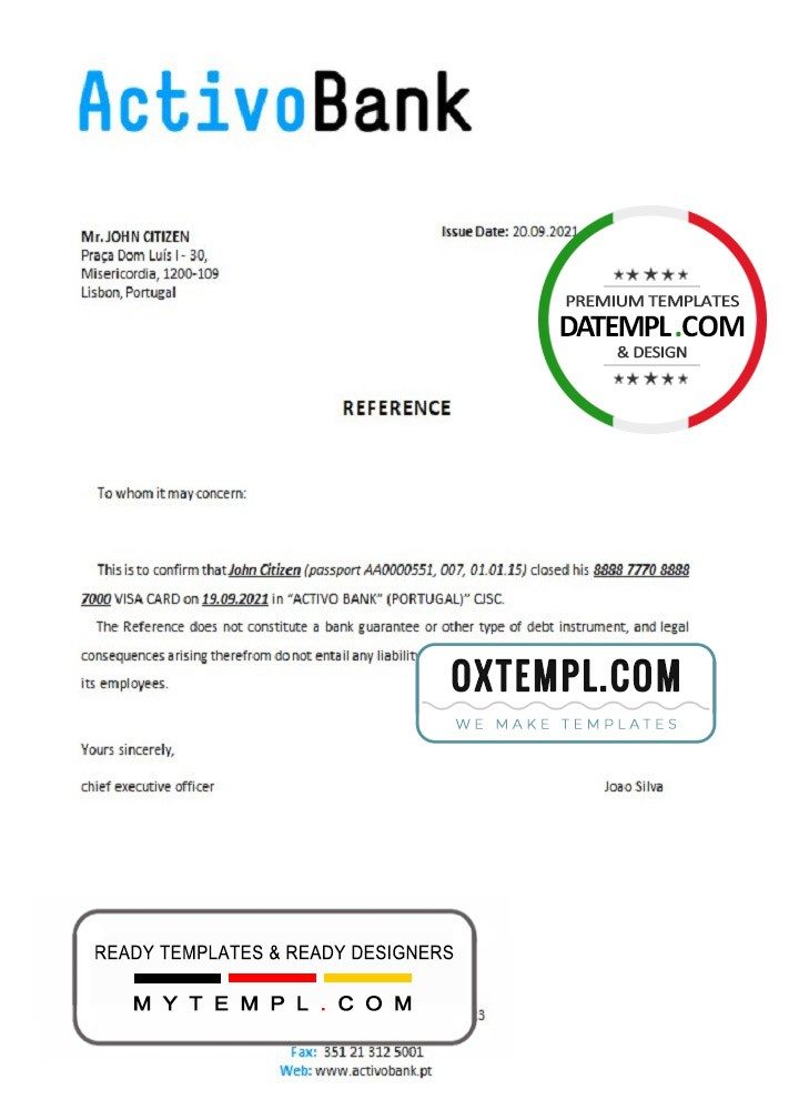 Portuguese Activobank bank account closure reference letter example in Word and PDF format