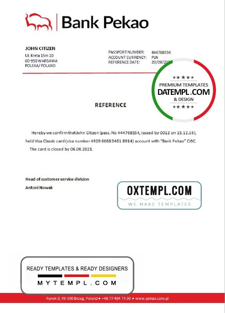 Polish Bank Pekao bank account closure reference letter example in Word and PDF format