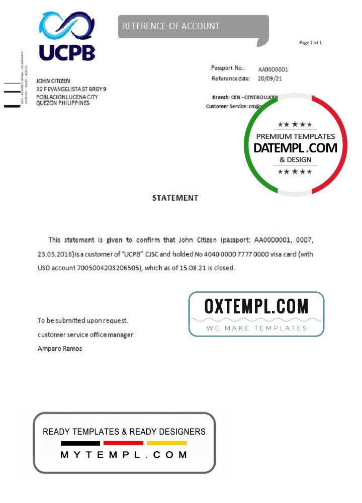 Filipino UCPB bank account closure reference letter example in Word and PDF format