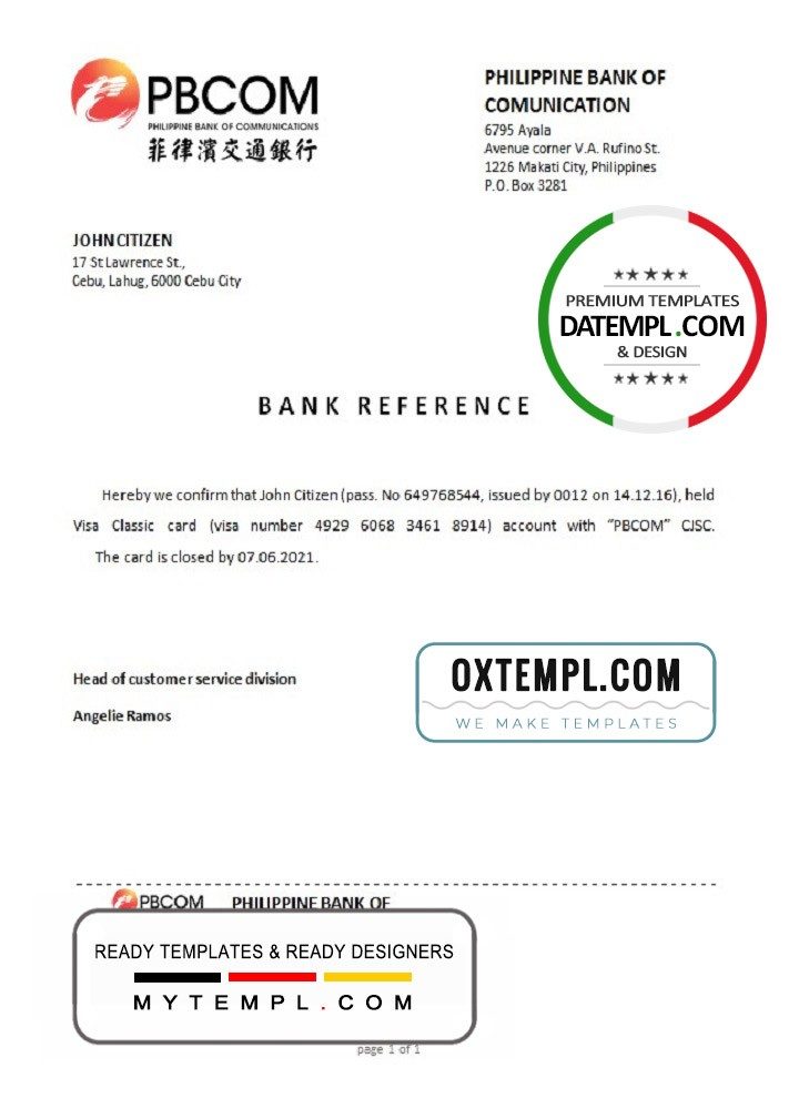 Filipino Pilippine Bank of Comunication bank account closure reference letter example in Word and PDF format