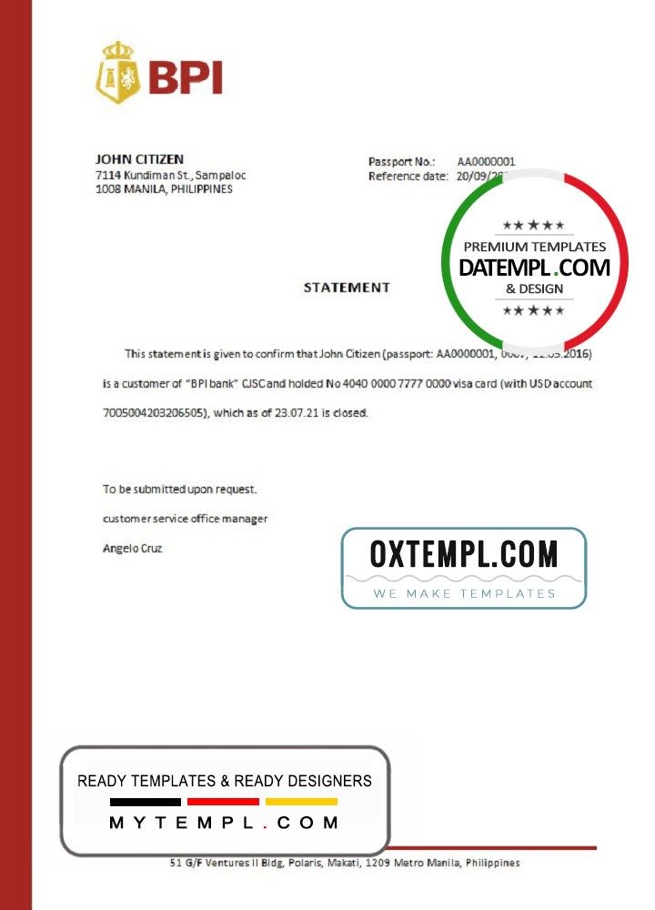 Filipino BPI bank account closure reference letter example in Word and PDF format