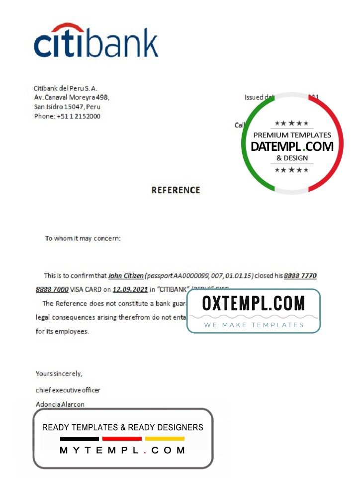 Peruvian Citibank bank account closure reference letter example in Word and PDF format