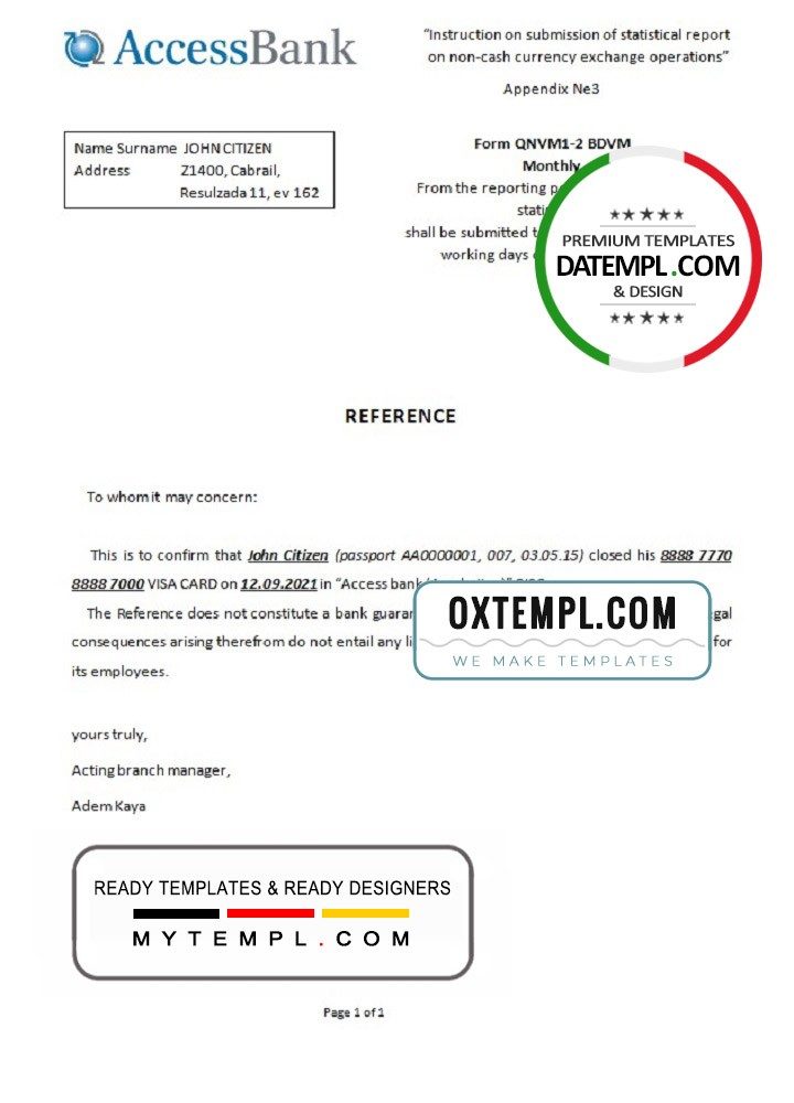 Azerbaijani Access bank account closure reference letter example in Word and PDF format