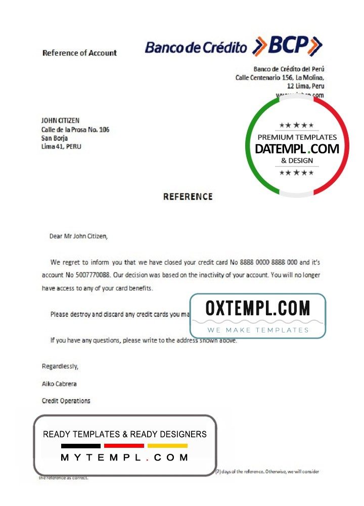 Peruvian Banco de Credito bank account closure reference letter example in Word and PDF format