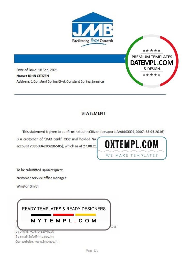 Jamaican Mortgage bank account closure reference letter example in Word and PDF format
