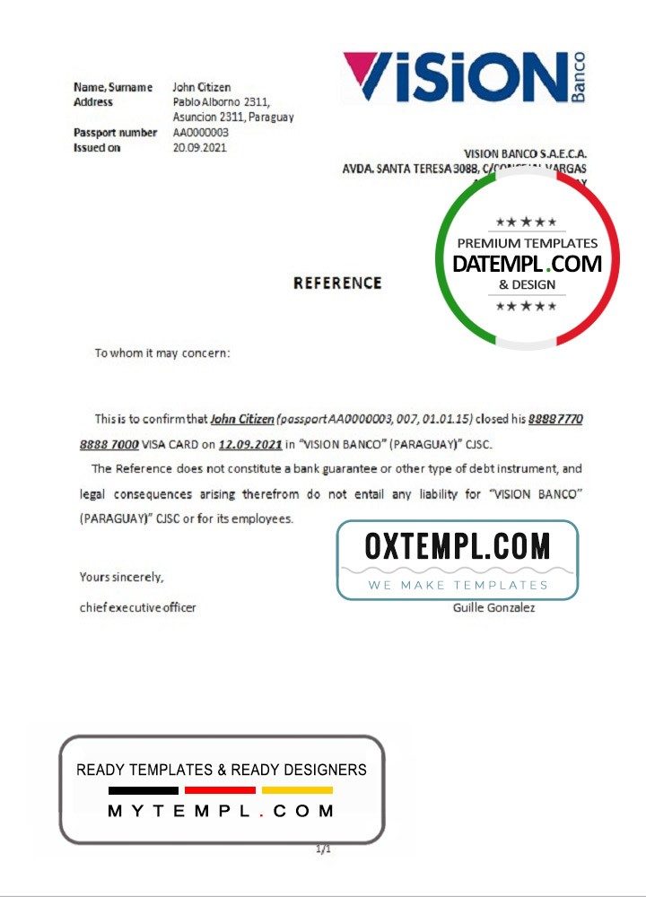 Paraguayan Vision Banco bank account closure reference letter example in Word and PDF format