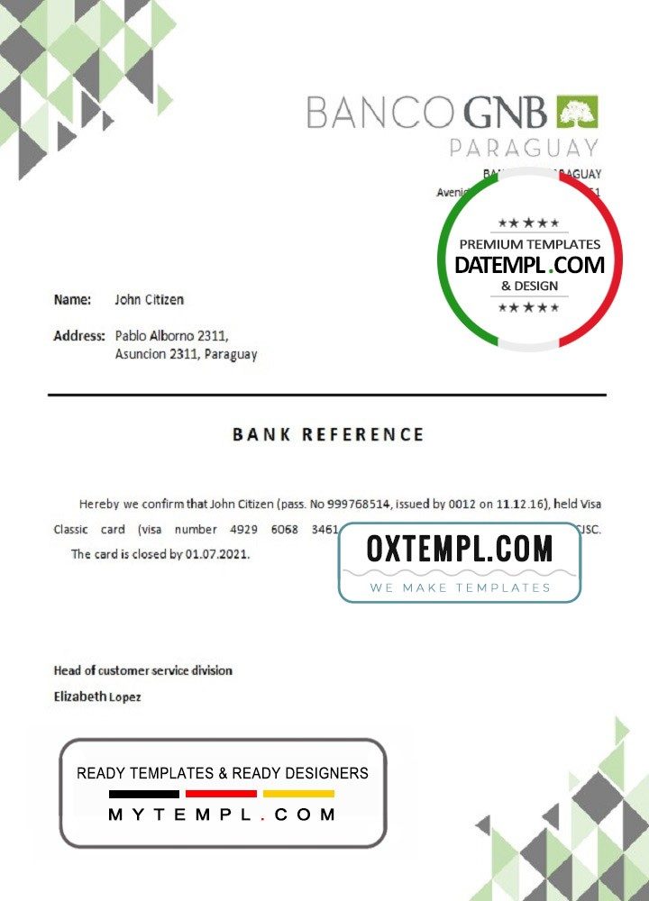 Paraguayan Banco GNB bank account closure reference letter example in Word and PDF format