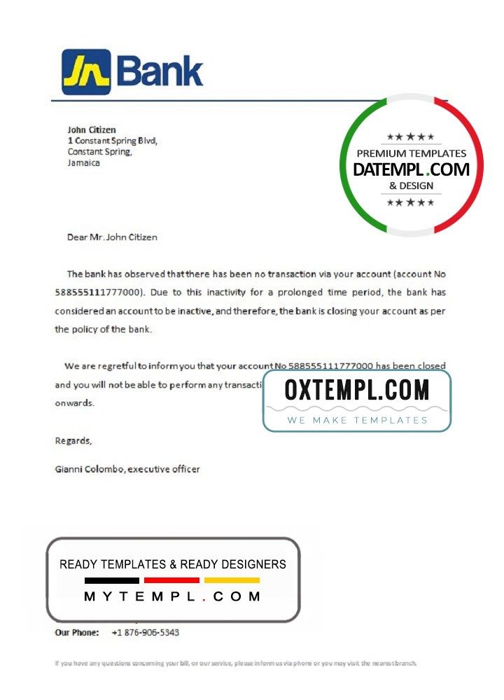 Jamaican National bank account closure reference letter example in Word and PDF format