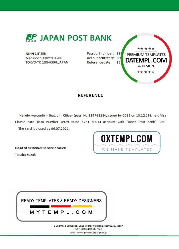 Japanese Post bank account closure reference letter example in Word and PDF format