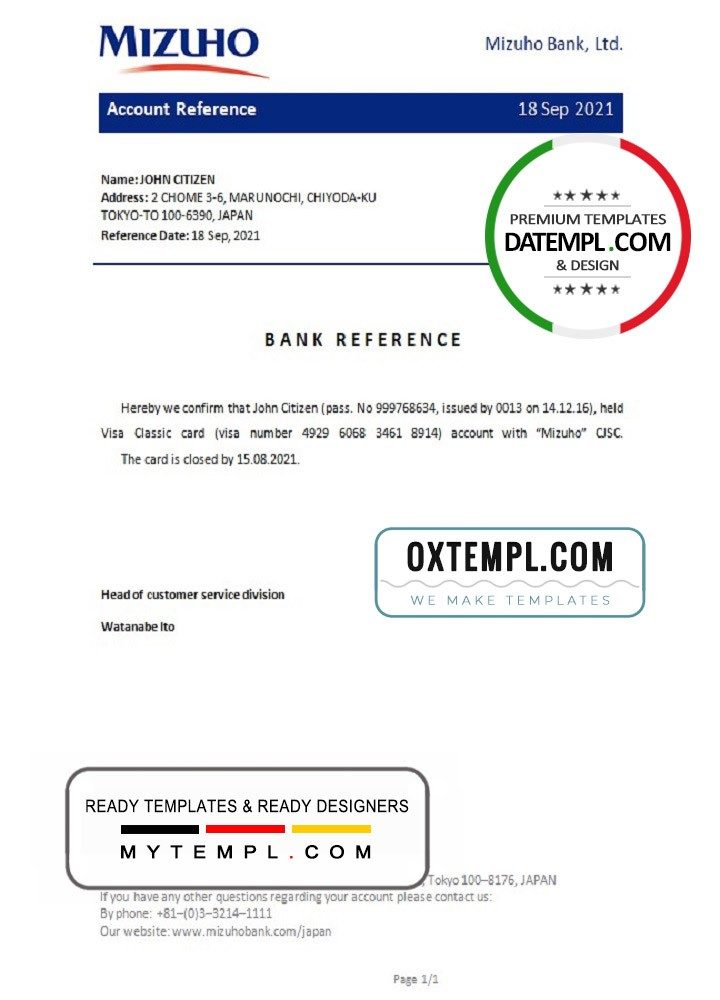 Japanese Mizuho bank account closure reference letter example in Word and PDF format