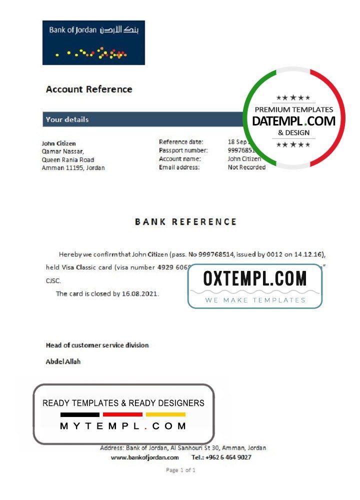 Jordanian Bank of Jordanian bank account closure reference letter example in Word and PDF format