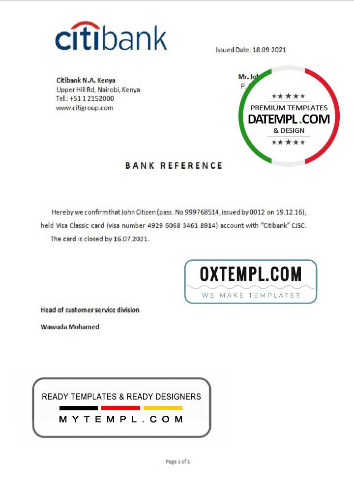 Kenyan Citibank account closure reference letter example in Word and PDF format