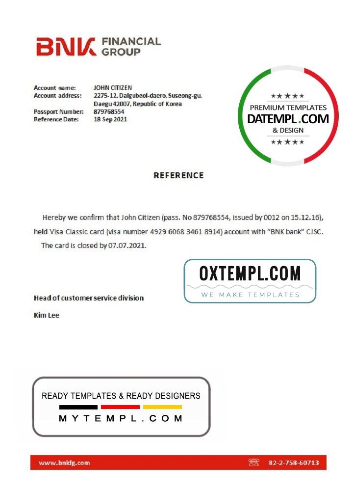 Korea BNK bank account closure reference letter example in Word and PDF format