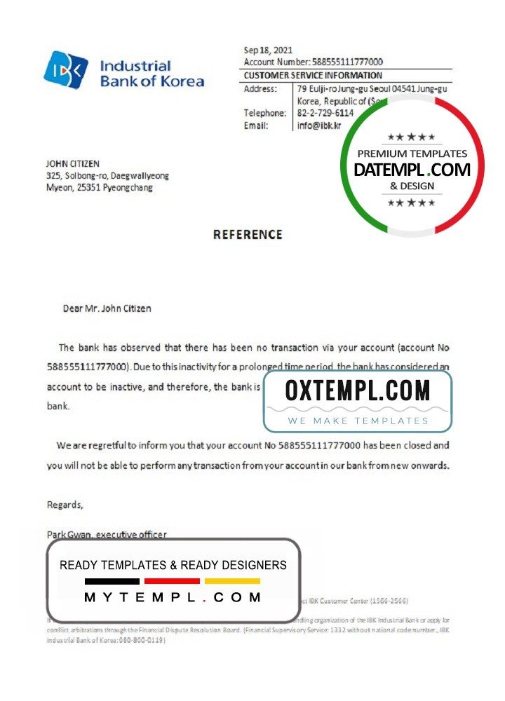 Korea Industrial Bank of Korea bank account closure reference letter example in Word and PDF format
