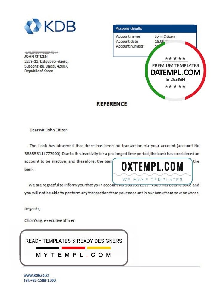 Korea KDB bank account closure reference letter example in Word and PDF format