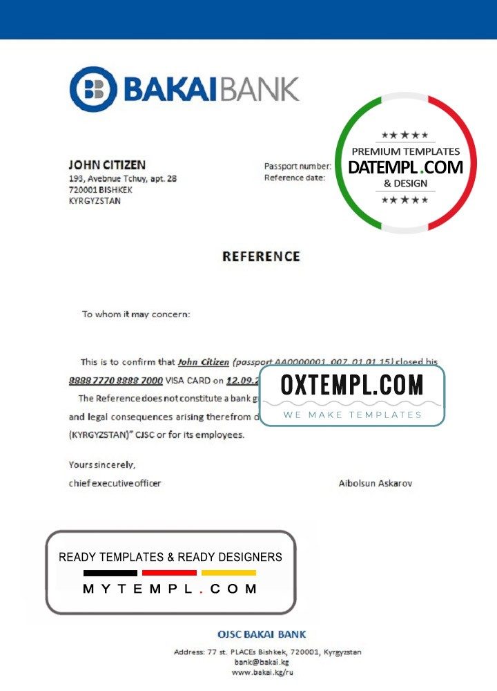 Kirghiz OJSC Bakai Bank bank account closure reference letter example in Word and PDF format