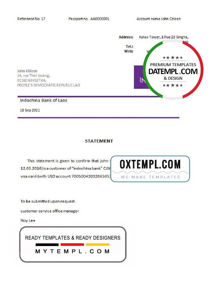 Laos Indochina Bank bank account closure reference letter example in Word and PDF format