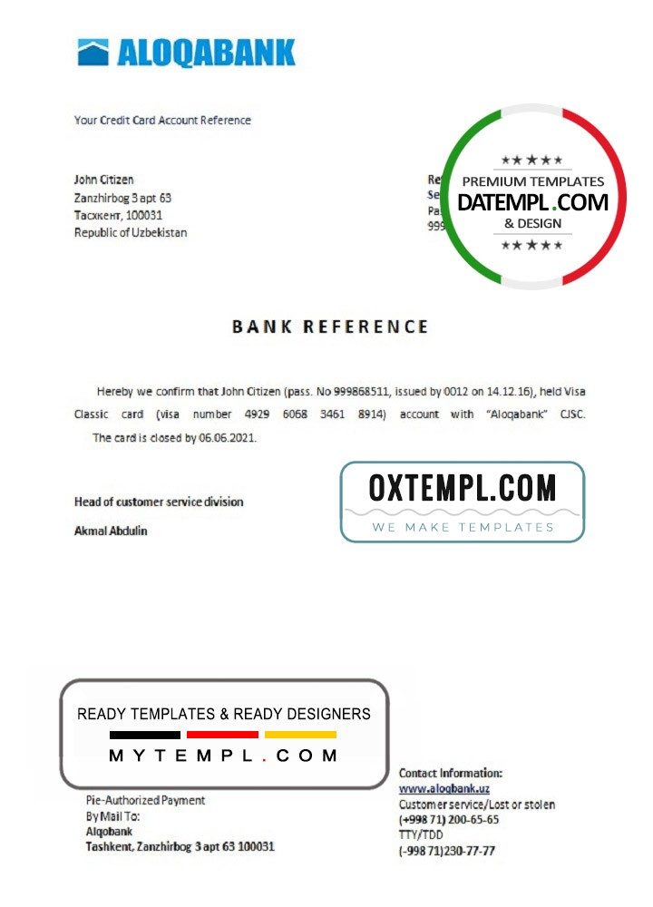 Uzbekistani Aloqabank account closure reference letter example in Word and PDF format