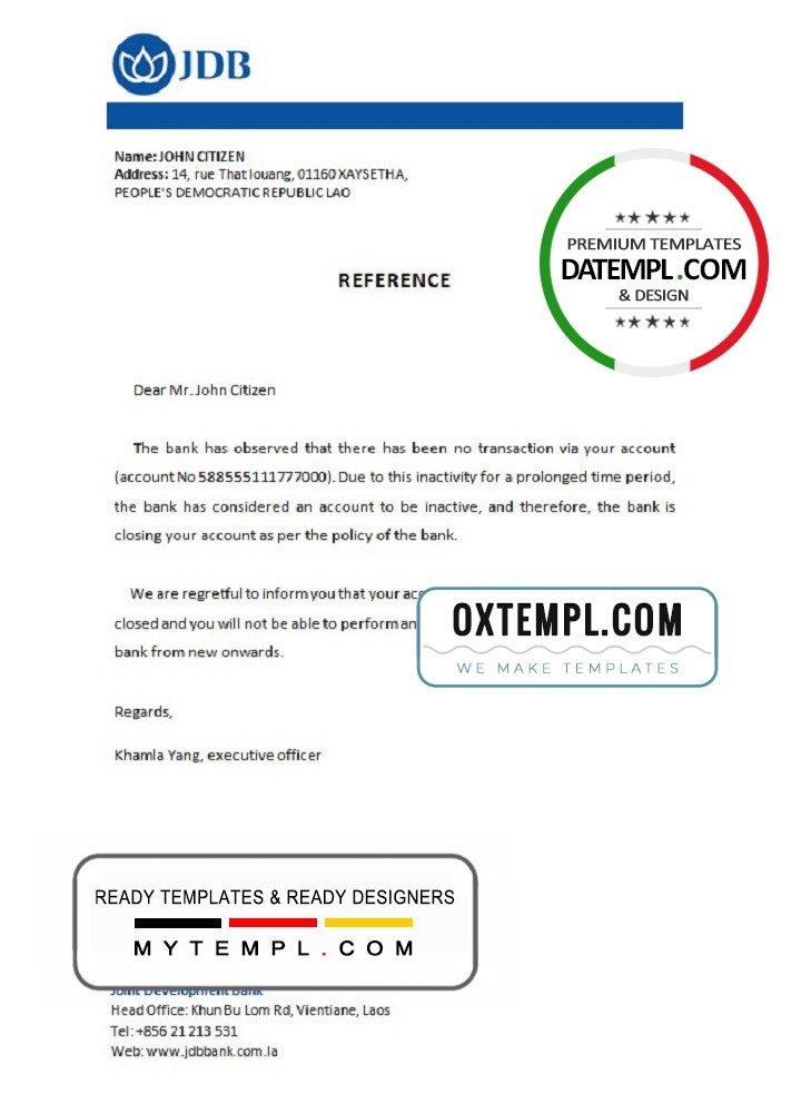 Laos Joint Development Bank bank account closure reference letter example in Word and PDF format