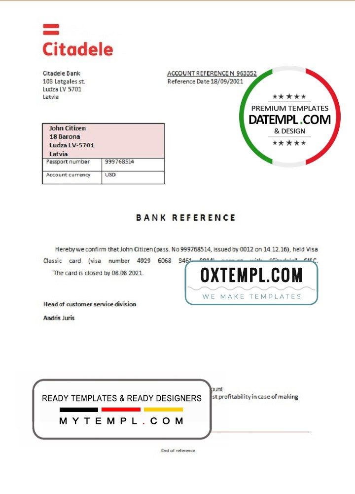 Latvian Citadele bank account closure reference letter example in Word and PDF format