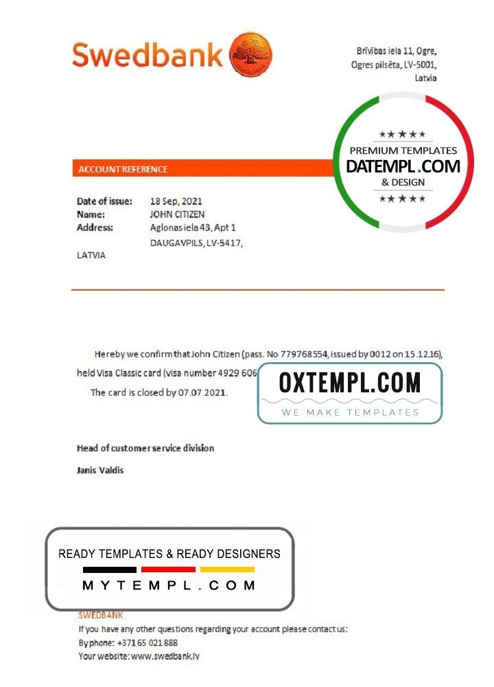 Latvian Swedbank bank account closure reference letter example in Word and PDF format
