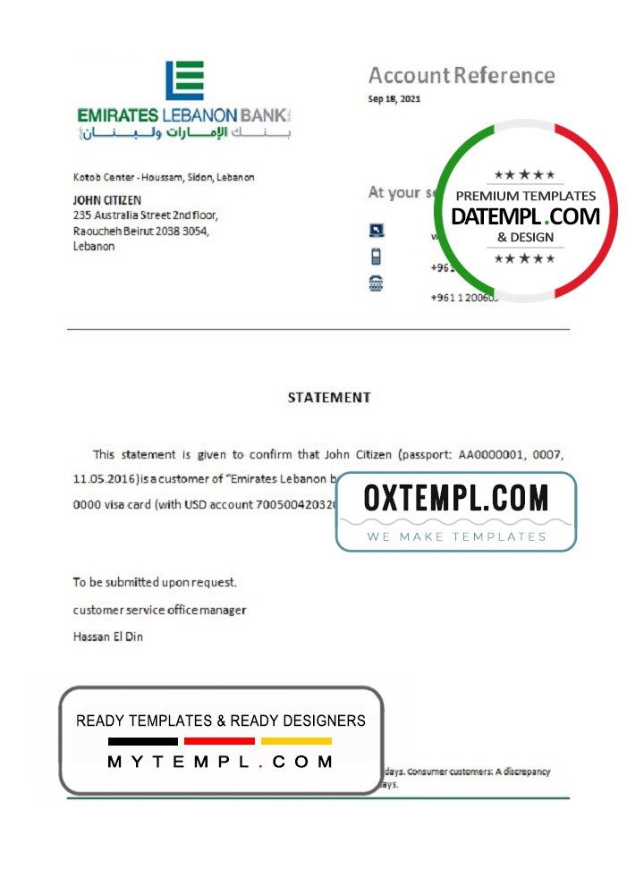 Lebanese Emirates Lebanese Bank bank account closure reference letter example in Word and PDF format