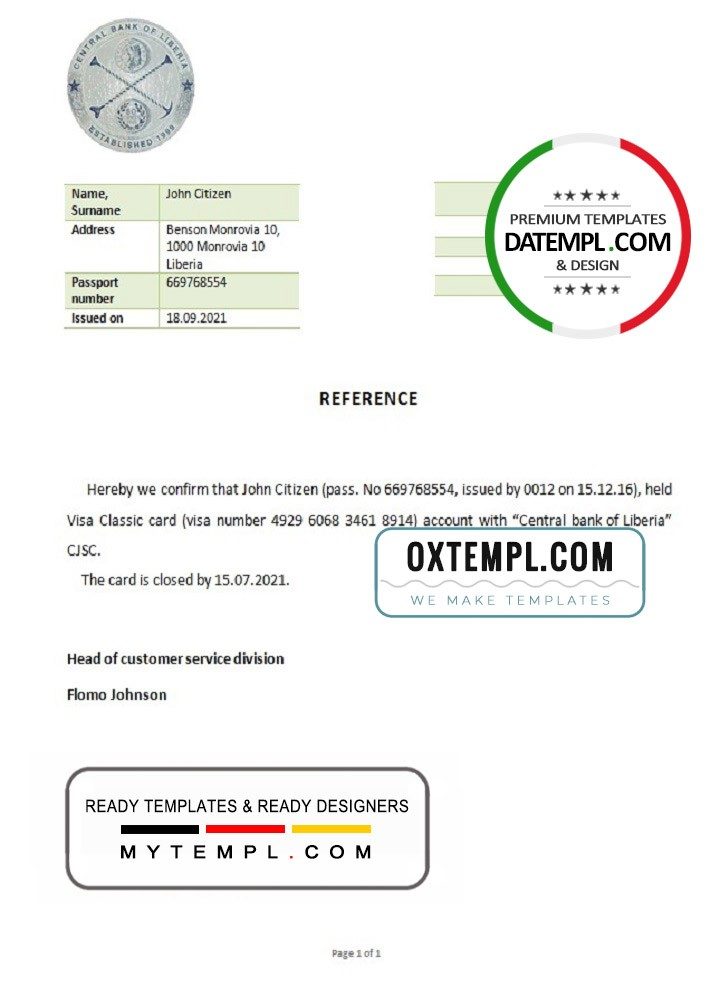 Liberian Central Bank of Liberian bank account closure reference letter example in Word and PDF format