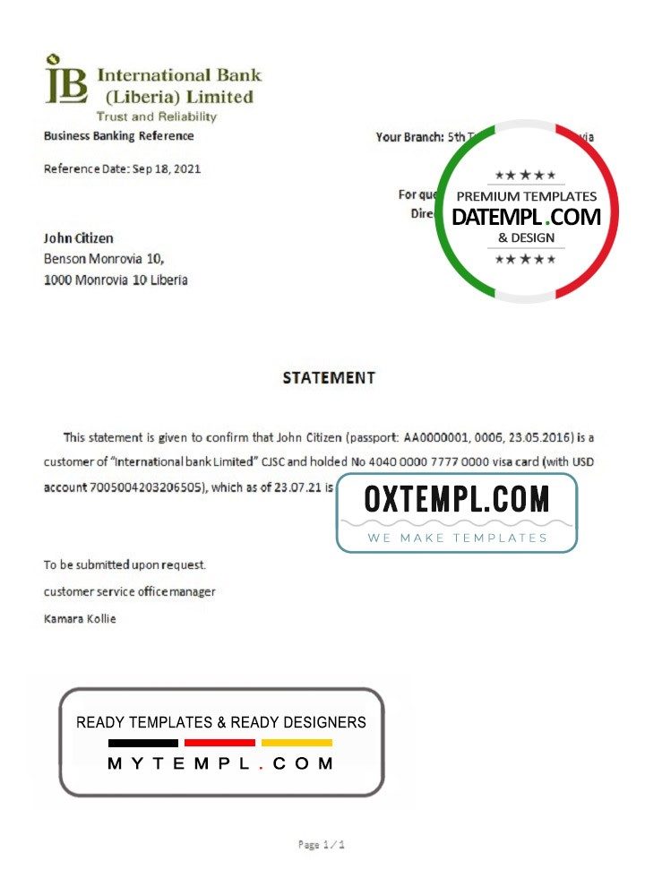 Liberian International Bank Limited bank account closure reference letter example in Word and PDF format