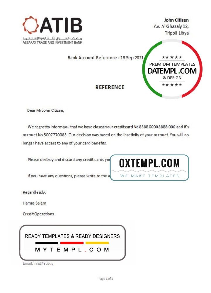 Libyan Assaray Bank bank account closure reference letter example in Word and PDF format