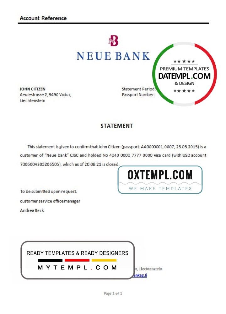 Liechtensteiner Neue Bank bank account closure reference letter example in Word and PDF format