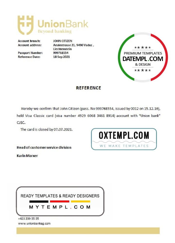 Liechtensteiner Union Bank bank account closure reference letter example in Word and PDF format