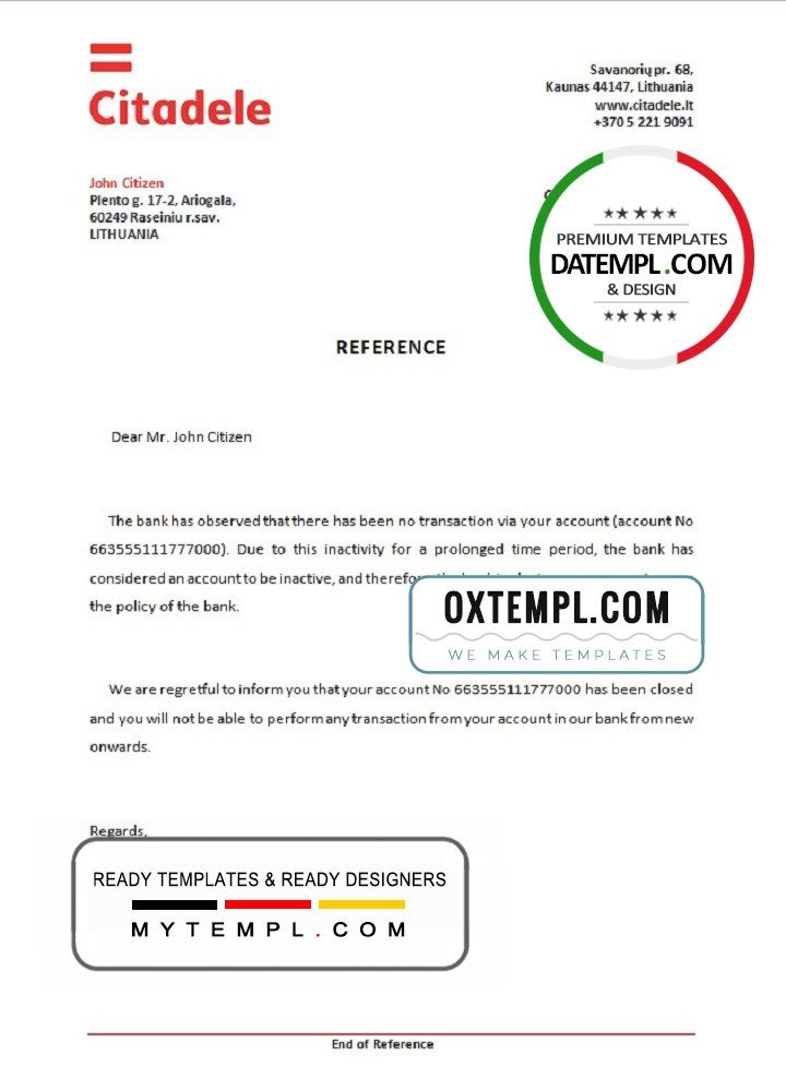 Lithuanian Citadele bank account closure reference letter example in Word and PDF format