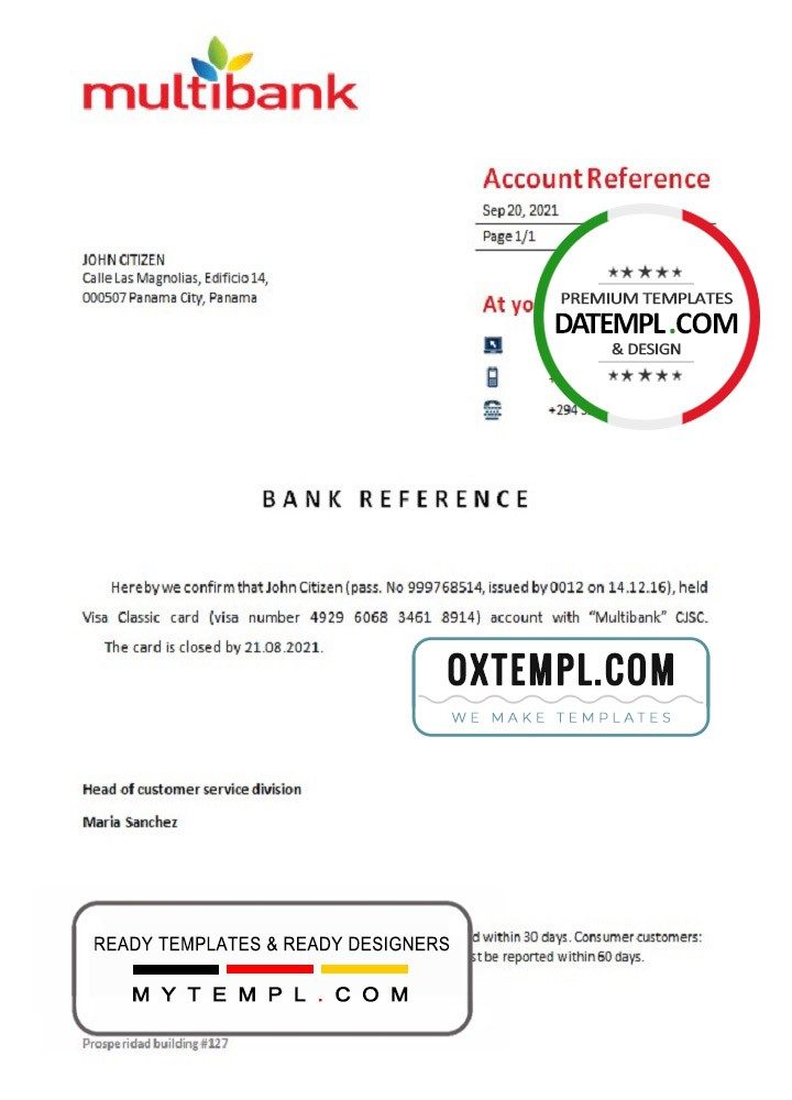 Panamanian Multibank bank account closure reference letter example in Word and PDF format