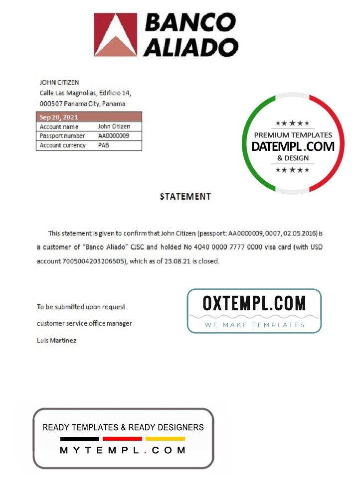 Panamanian Banco Aliado bank account closure reference letter example in Word and PDF format
