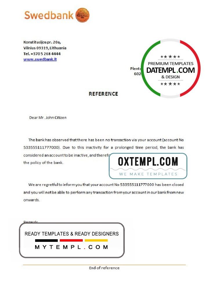 Lithuanian Swedbank bank account closure reference letter example in Word and PDF format