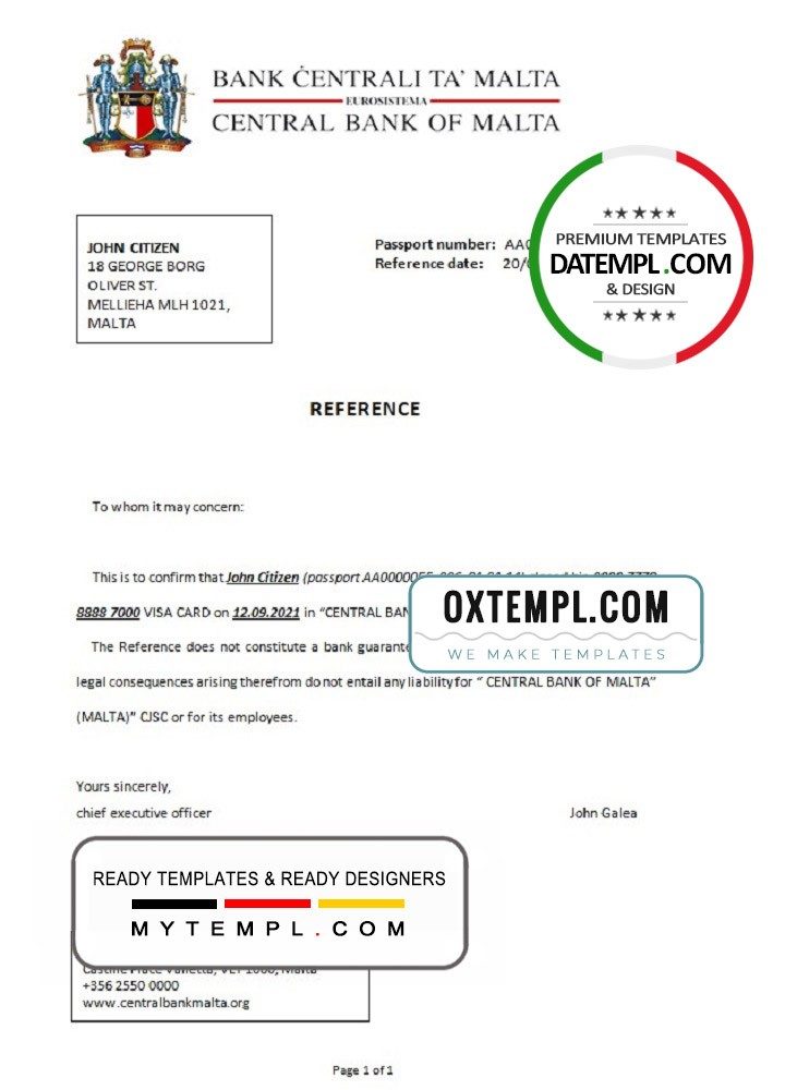 Maltese Central Bank of Maltese bank account closure reference letter example in Word and PDF format