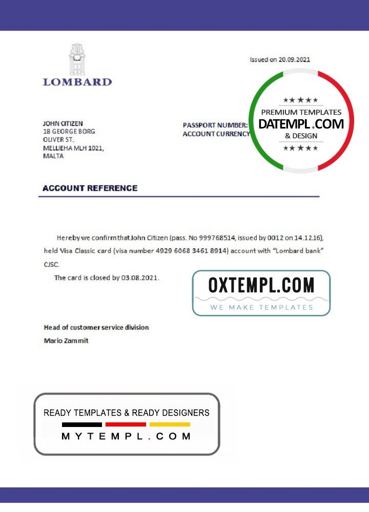 Maltese Lombard bank account closure reference letter example in Word and PDF format