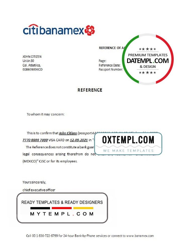 Mexican Citibanamex bank account closure reference letter example in Word and PDF format