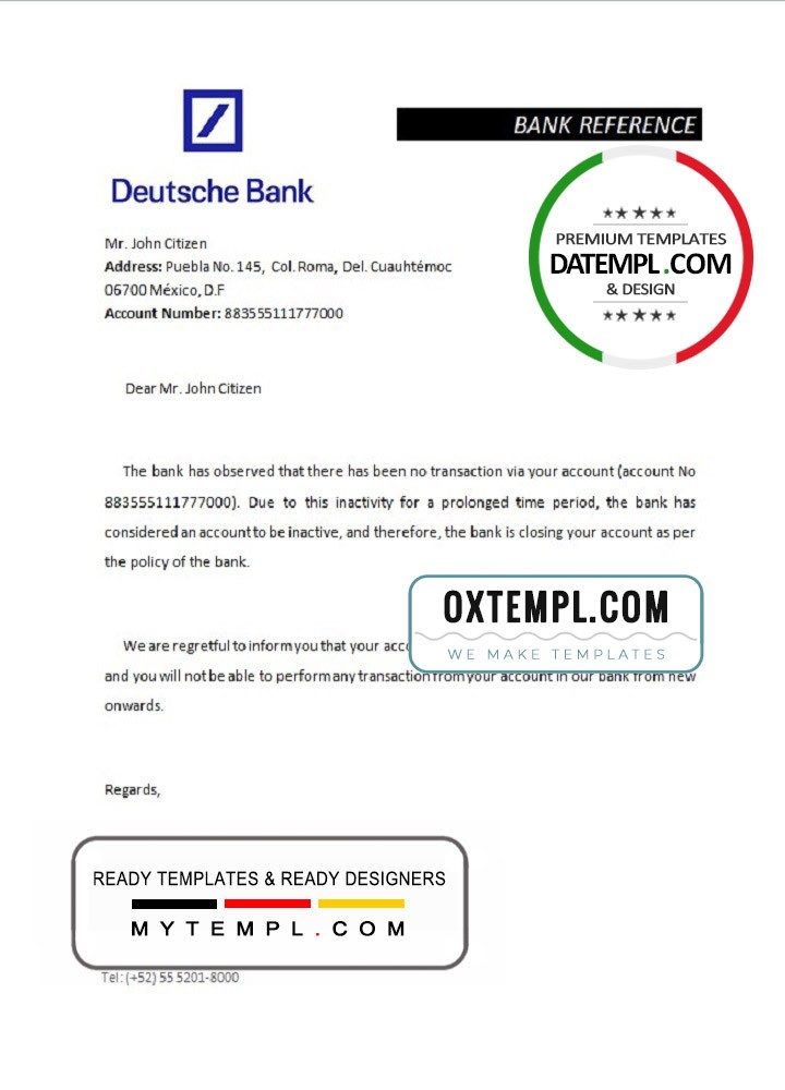 Mexican Deutsche Bank bank account closure reference letter example in Word and PDF format