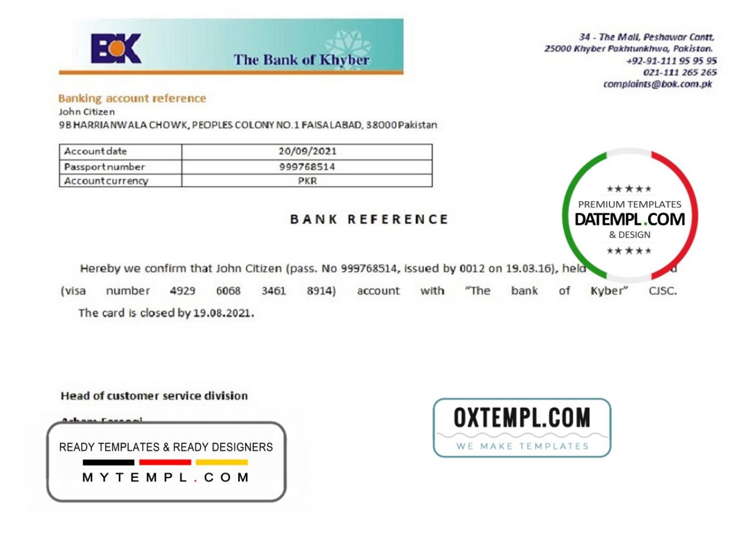 Pakistani Khyber bank account closure reference letter example in Word and PDF format